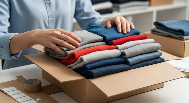 Woman packer putting clothes in cardboard box. Small business owner preparing shipment for customer order. Online shopping delivery service and e-commerce warehouse logistics