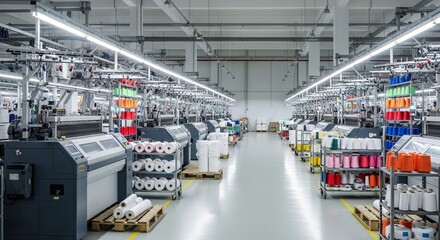 Fototapeta premium Textile factory interior with rows of automated industrial knitting machines and vibrant thread spools. Modern manufacturing facility for fabric production and heavy textile industry equipment