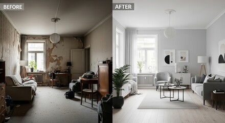 Room before and after renovation. Comparison of old messy living room and new modern interior design. Home improvement, house reconstruction and professional interior remodeling