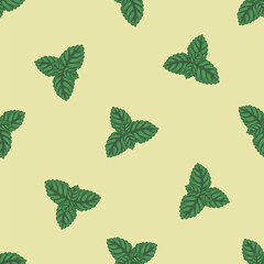 Mint leaf seamless pattern vector illustration. Hand drawn green peppermint for tea background. Organic herbal design for garden fabric ornament. Natural plant for kitchen wallpaper and textile. © NadyaSaen 