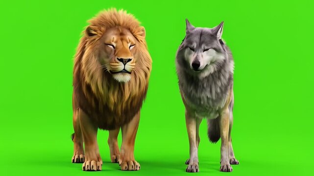 A majestic lion and a gray wolf standing side-by-side on a vibrant green screen background. Great for wildlife documentaries, fantasy art, and nature projects