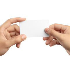Obraz premium Hands holding a blank white business card isolated on transparent background