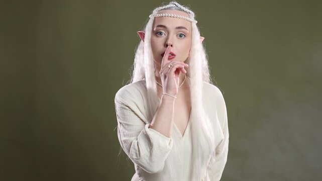 Beautiful girl dressed as elf showing hush gesture on olive background with smoke