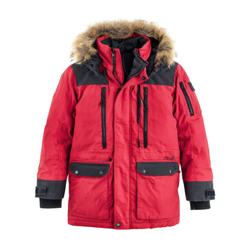 Red winter parka with fur-lined hood and black accents isolated on transparent background