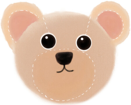 Kawaii bear face illustration with stitching detail and rosy cheeks