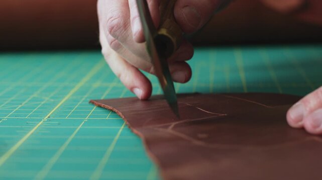 Leatherworker cutting brown leather with round knife