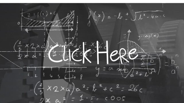 Animation of click here over black background with math formulas