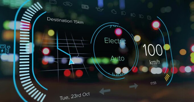 Animation of car panel over cityscape at night