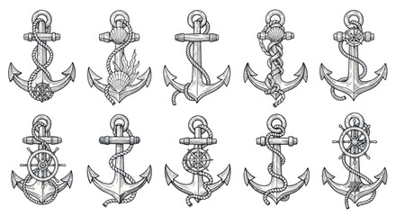 Nautical Anchors Collection: Vintage Marine Symbols with Ropes and Helm © lobes