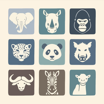 Collection of various wild animal faces.