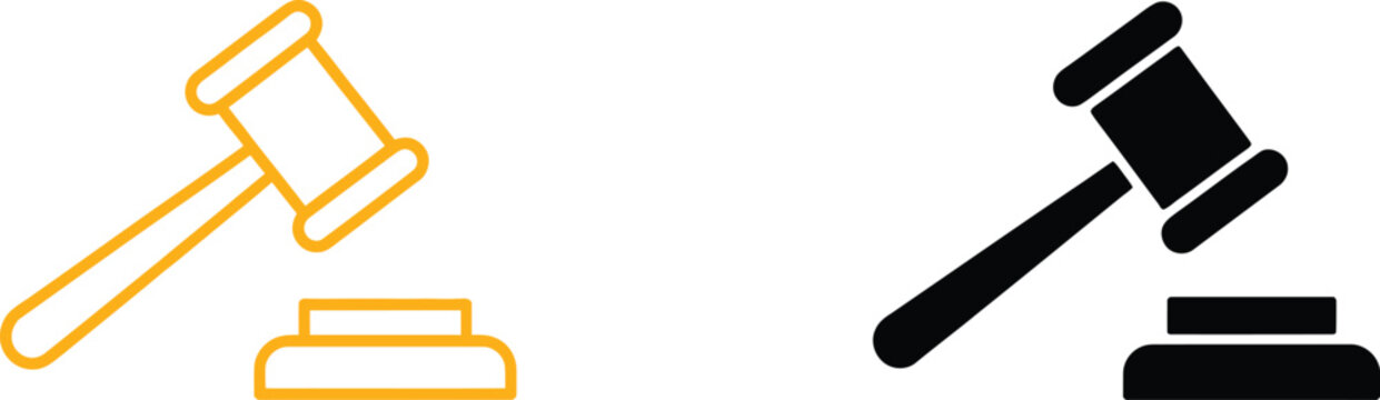 Justice gavel icon set showing auction and law symbols for courtroom and legal bidding proceedings