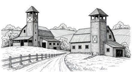 Two rustic barns with tall towers and a dirt road leading to them. © Ndog