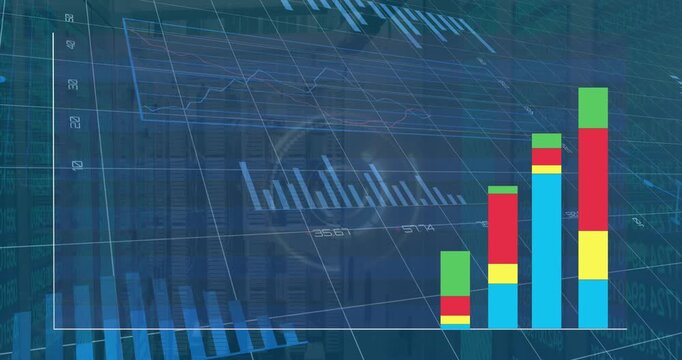 Animation of colourful graph and data processing on interface charts