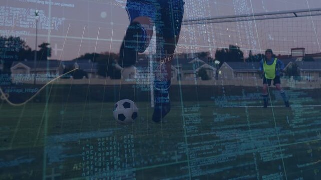 Animation of data processing and statistics over diverse football players on pitch