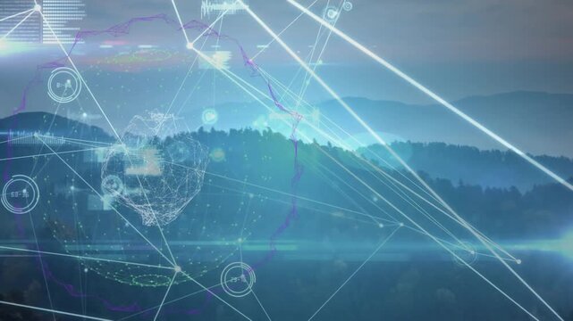Animation of globe of network of connections and data processing against landscape with mountains
