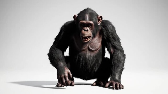 A realistic primate with dark fur sits attentively in a studio setting, its thoughtful expression conveying a sense of intelligence