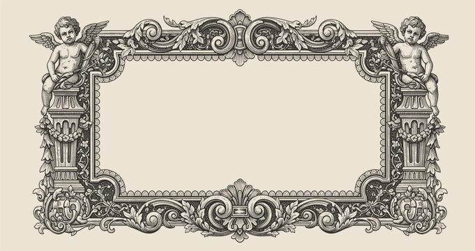Vector vintage border frame engraving with retro ornament pattern in antique rococo victorian style decorative design