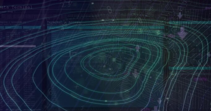 Animation of flying arrows and digits with abstract over padlock and circuit board pattern