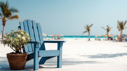 Blue chair on sandy beach with palm trees and ocean view on sunny day