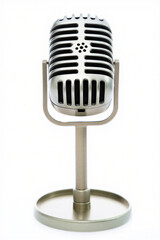 Fototapeta premium Retro microphone isolated on white background . Classic vintage silver microphone on a clean white background for audio recording