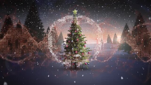 Animation of human brain and dna strand over christmas tree and snow falling in winter scenery