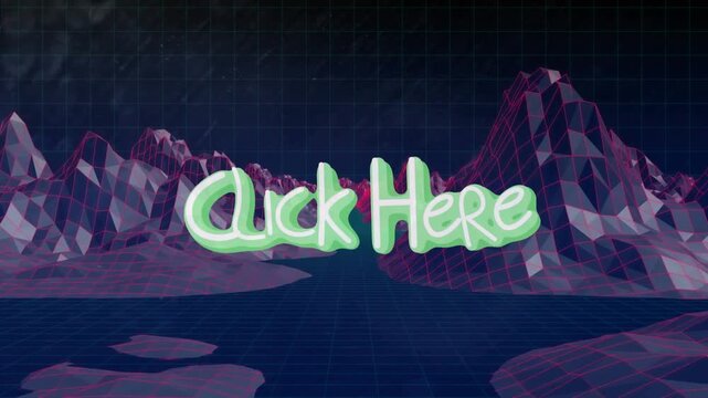 Animation of click here text on winter mountain scenery