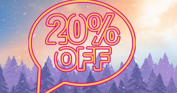 Animation of 20 percet off text over winter landscape