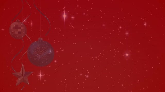 Animation of shining stars over hanging bauble decorations against red background