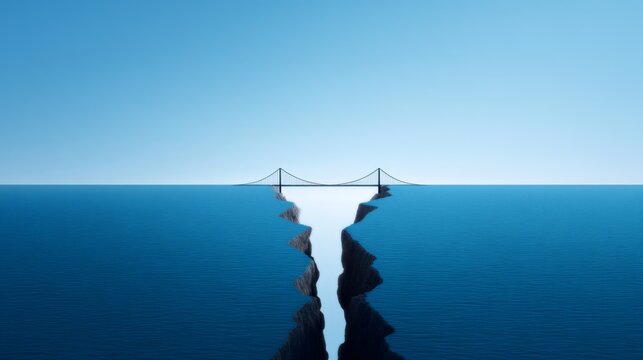 Operational Collapse, Organizational Failure, Fragmented Architectural Bridge with Clear Separation Gap, Abstract Conceptual Design for Copy Space