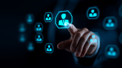 Fototapeta premium For hiring success employee recognition, businessperson selects digital icon representing candidate, symbolizing recruitment, human resource, and achievement in modern workplace