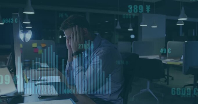 Animation of financial data processing over caucasian businessman with computer in office