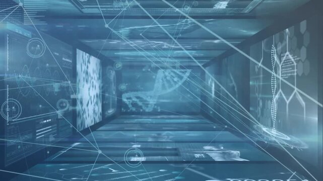 Animation of network of connections with icons and data processing