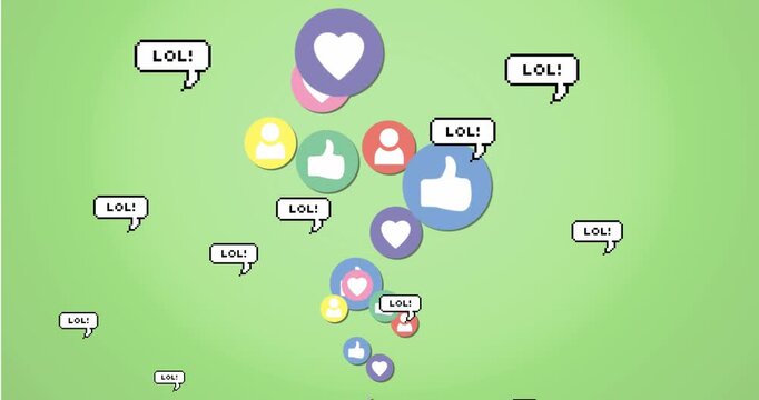 Animation of social media icons and lol text banners floating against green background