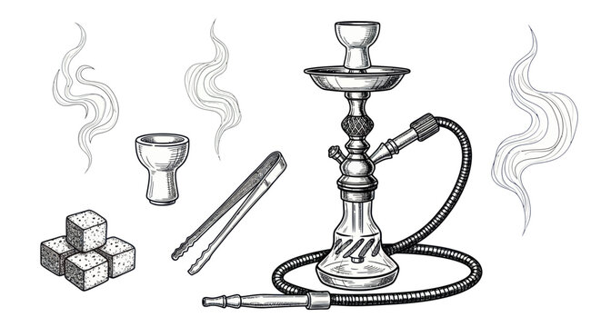 Hookah Pipe and Accessories Hand Drawn Sketch - Shisha Smoking Set with Charcoal and Tongs