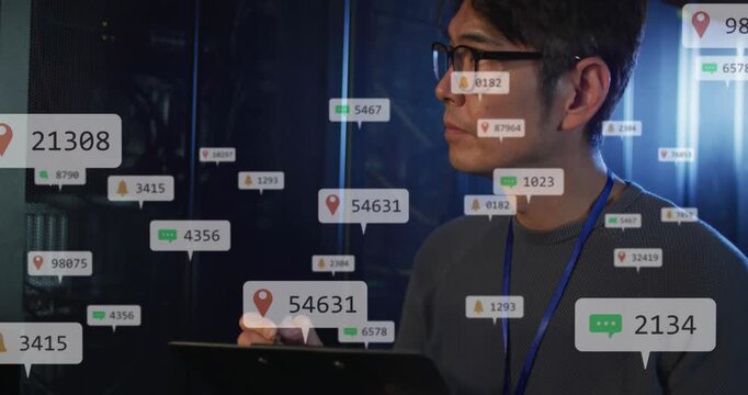 Animation of social media icons floating over asian female engineer writing on clipboard