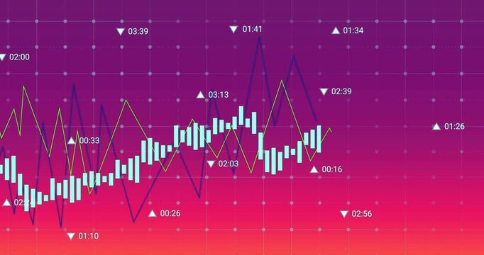 Animation of data processing over grid network against purple gradient background