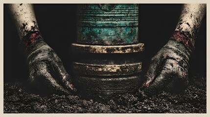 Dirty hands carefully setting and arranging an abstract cylindrical art object in soil and dark moody environment with dramatic lighting effects.