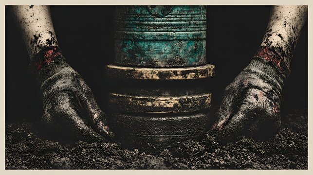 Dirty hands carefully setting and arranging an abstract cylindrical art object in soil and dark moody environment with dramatic lighting effects.