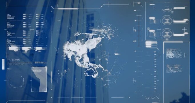 Animation of globe, loading bars, computer language, low angle view of building against cloudy sky