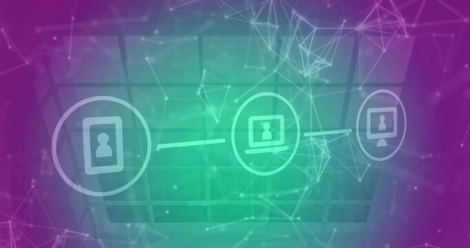 Animation of flowchart of icon and connected dots over glass window