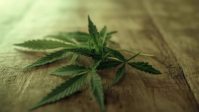 Green cannabis leaves on a wooden table, symbolizing legalization of medical marijuana and hemp production.