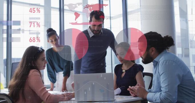 Animation of statistical data processing on team of diverse colleagues discussing together at office