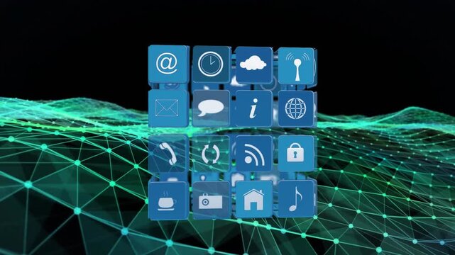 Animation of icons in 3d cube over dynamic wave pattern over black background