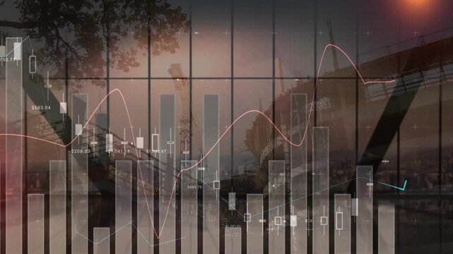 Animation of financial data processing over construction site