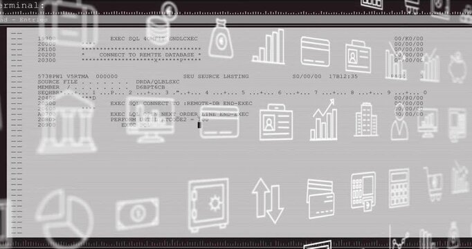 Animation of business icons and data processing over screen