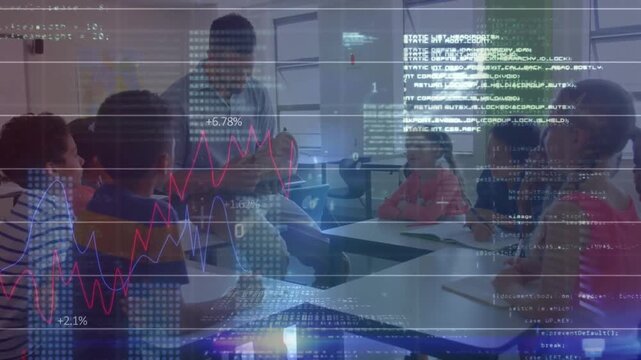 Animation of data processing over diverse male teacher and children in biology class