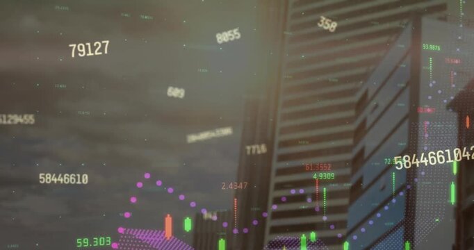 Animation of financial data processing over cityscape