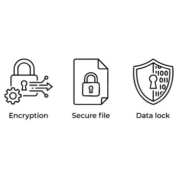 Digital security and data protection vector illustration featuring encryption, secure file management, and data lock icons for cyber safety.