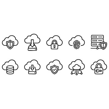Vector graphic illustration set featuring essential cloud computing, data security, storage, and networking concepts represented by clean outline icons.