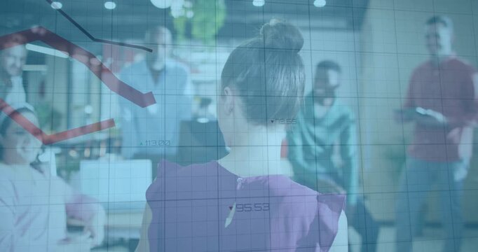 Woman presenting finance data in office, raising hand and activating red line on grid overlay
